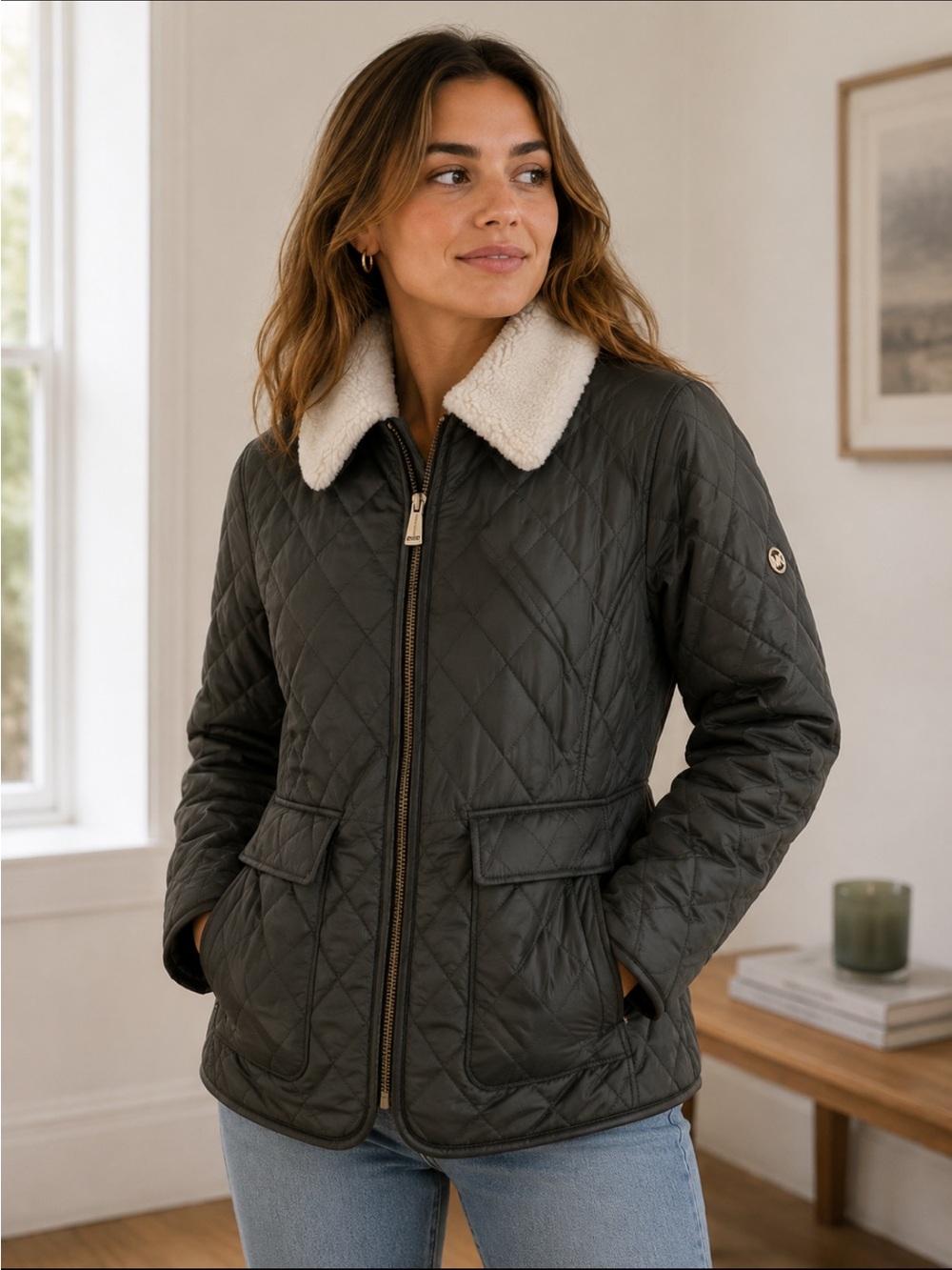 MICHAEL KORS Women's Sherpa Collar Diamond Quilted Jacket olive green